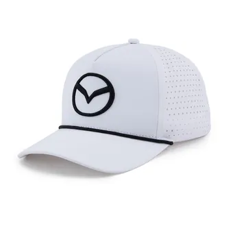 White Wellesley Mazda cap, three quarter view showing the laser perforated side panel