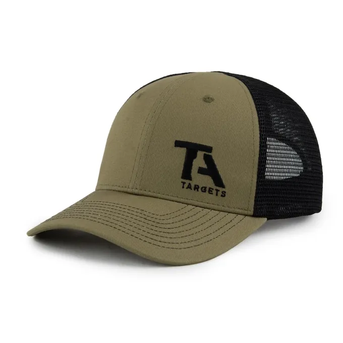 The finished TA Targets cap: olive crown, black mesh back, black embroidered TA Targets mark