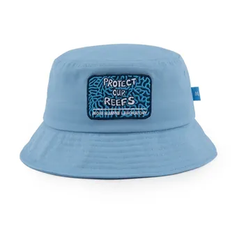 Light blue bucket hat, front view with the Protect Our Reefs patch