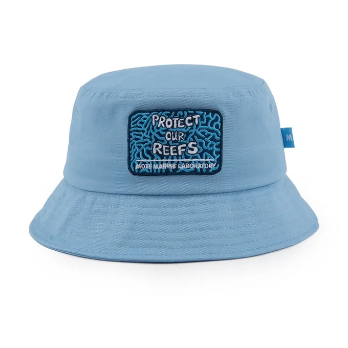 The light blue Mote Marine bucket hat, front view, with the Protect Our Reefs coral patch