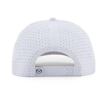 White Wellesley Mazda cap, back view with the Mazda mark on the closure strap