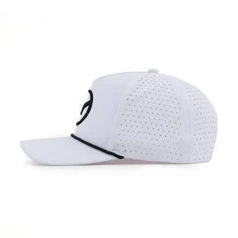 White Wellesley Mazda cap, side profile with the black rope across the brim