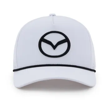White Wellesley Mazda cap, front view, black 3D embroidered Mazda mark and black rope