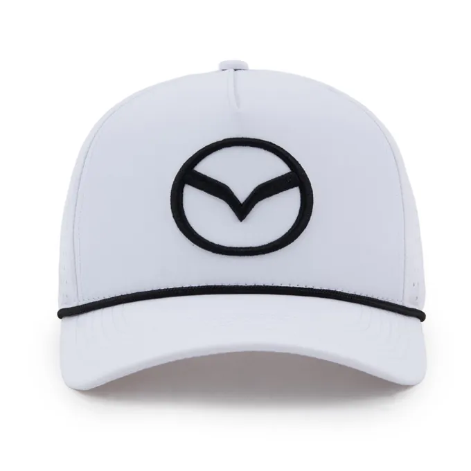 The white Wellesley Mazda cap, front view, black 3D embroidered Mazda mark and black rope