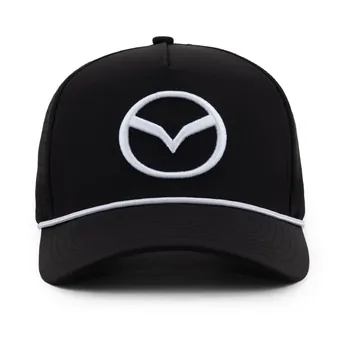 Black Wellesley Mazda cap, front view, white 3D embroidered Mazda mark and white rope