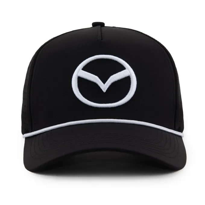 The black Wellesley Mazda cap, front view, white 3D embroidered Mazda mark and white rope