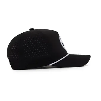 Black Wellesley Mazda cap, side profile with the white rope across the brim