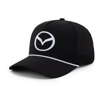 Black Wellesley Mazda cap, three quarter view showing the laser perforated side panel