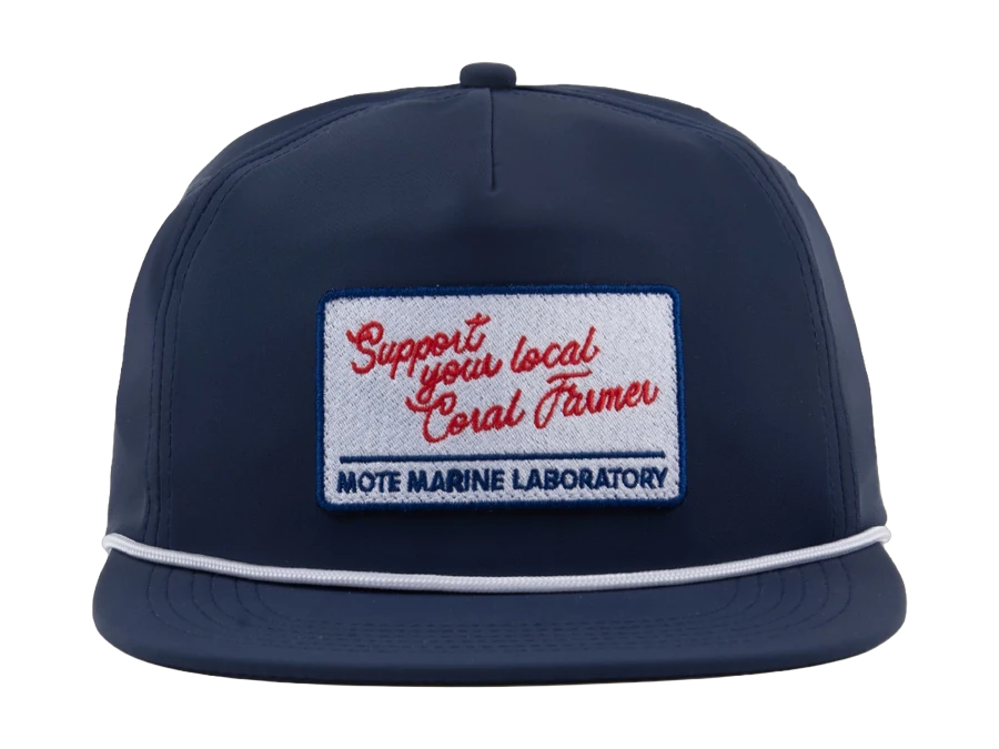 The navy Mote Marine Coral Farmer cap, front view