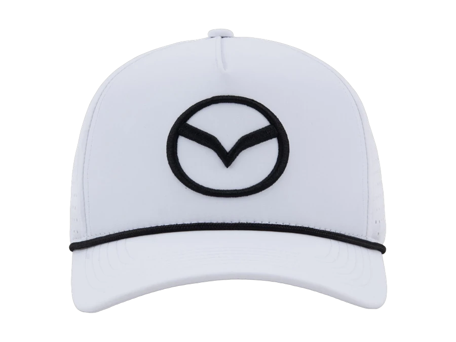 The white Wellesley Mazda rope cap, front view